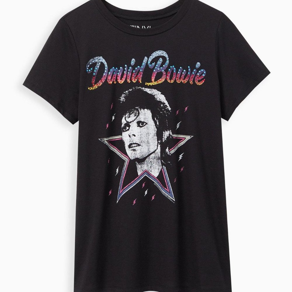 TORRID David Bowie Size 3 Fitted Jeweled Crew Tee Black Vinyl Icons NWOT